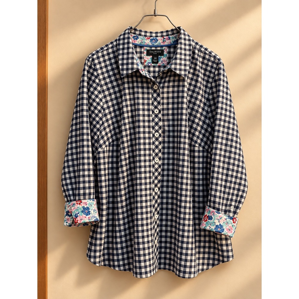 Talbots Plus 3X Gingham Button Down Shirt Navy Blue White Floral Trim Cotton